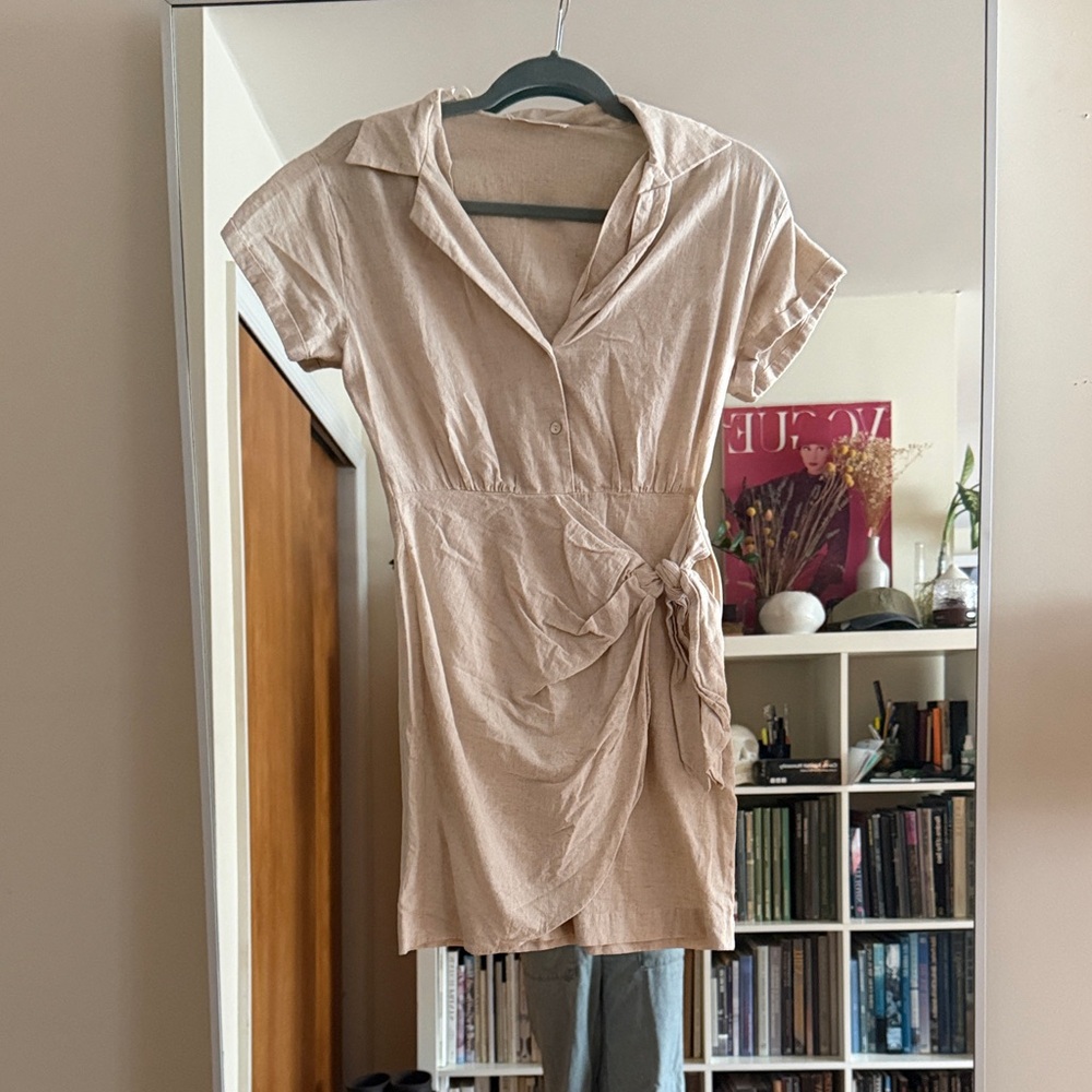 Mango Beige Tie-Waist Short-Sleeve Tunic Dress
